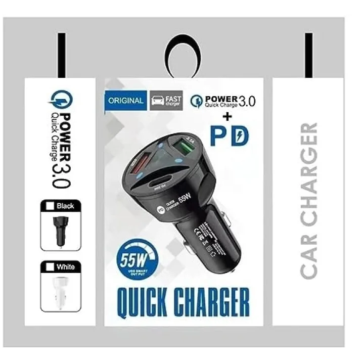 Apera BN72 55W Araç İçi Çakmaklık Hızlı Şarj Aleti PD Quick Charger 2 USB 1 Type-C Çıkış