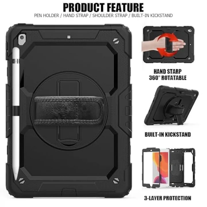 Apple iPad 9. 8. 7. Nesil 10.2 ile uyumlu Kılıf Defender Askılı Pars Case Fuji 2019 2020 2021 2022 Siyah