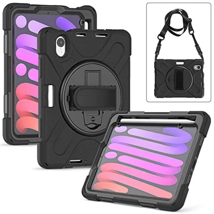 Apple iPad Mini 7 Mini 6 ile uyumlu Kılıf Defender Askılı Zırhlı Tank Case 2021-2024 Siyah