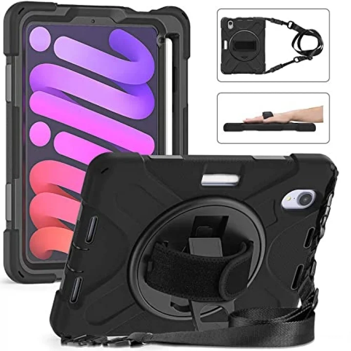 Apple iPad Mini 7 Mini 6 ile uyumlu Kılıf Defender Askılı Zırhlı Tank Case 2021-2024 Siyah