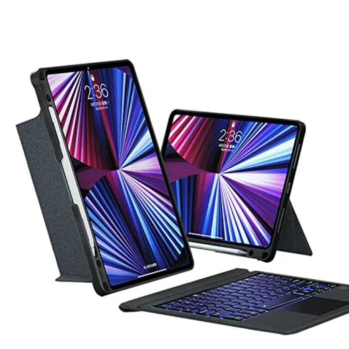 Apple iPad Pro 12.9 3. 4. 5. Nesil ile uyumlu Kılıf LED Işıklı Magnetik Standlı Klavyeli Kılıf Siyah