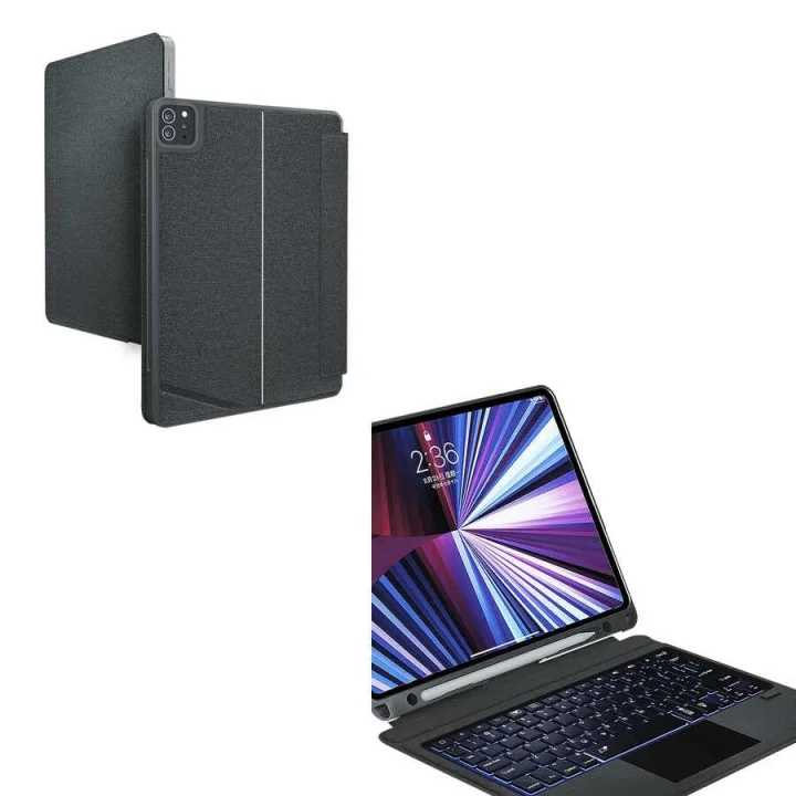 Apple iPad Pro 12.9 3. 4. 5. Nesil ile uyumlu Kılıf LED Işıklı Magnetik Standlı Klavyeli Kılıf Siyah