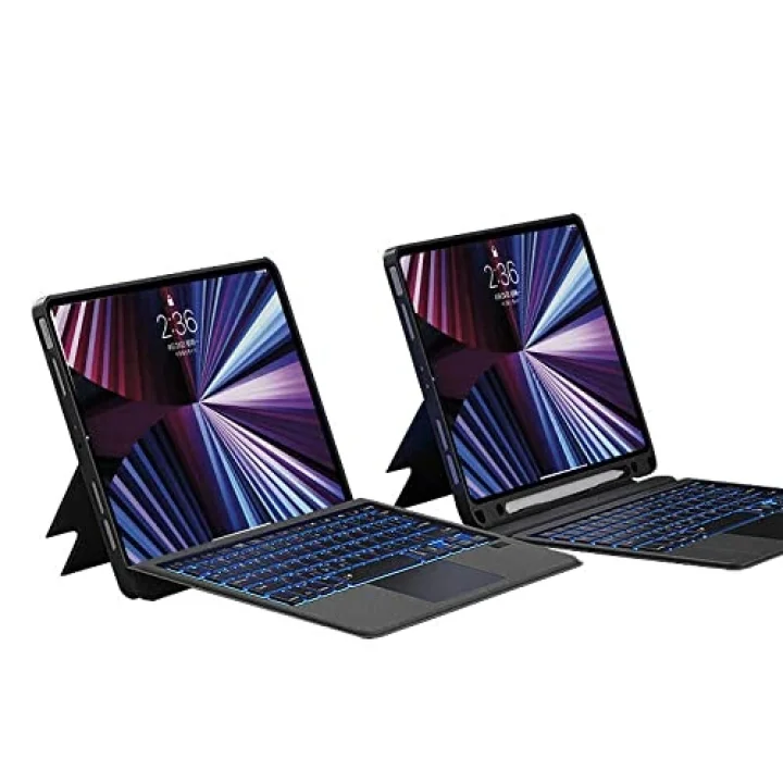 Apple iPad Pro 12.9 3. 4. 5. Nesil ile uyumlu Kılıf LED Işıklı Magnetik Standlı Klavyeli Kılıf Siyah