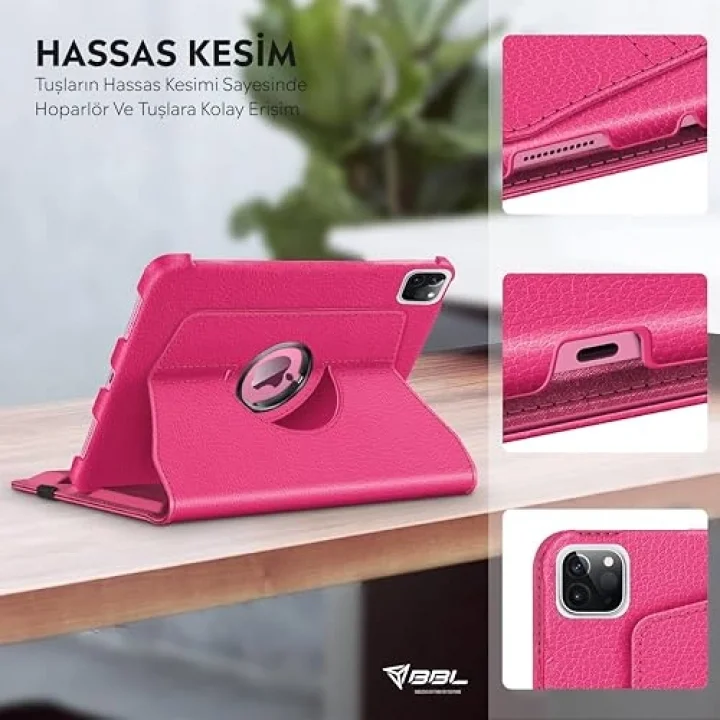 Apple iPad Yatay ve Dikey Standlı 360 Derece Döner Tablet Kılıfı (iPad Pro 13 2024 M4 Pembe)
