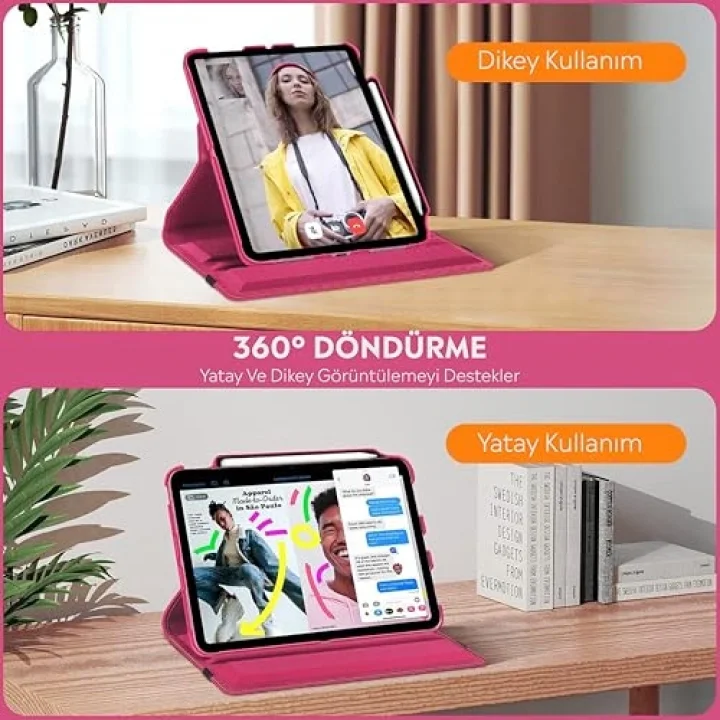 Apple iPad Yatay ve Dikey Standlı 360 Derece Döner Tablet Kılıfı (iPad Pro 13 2024 M4 Pembe)
