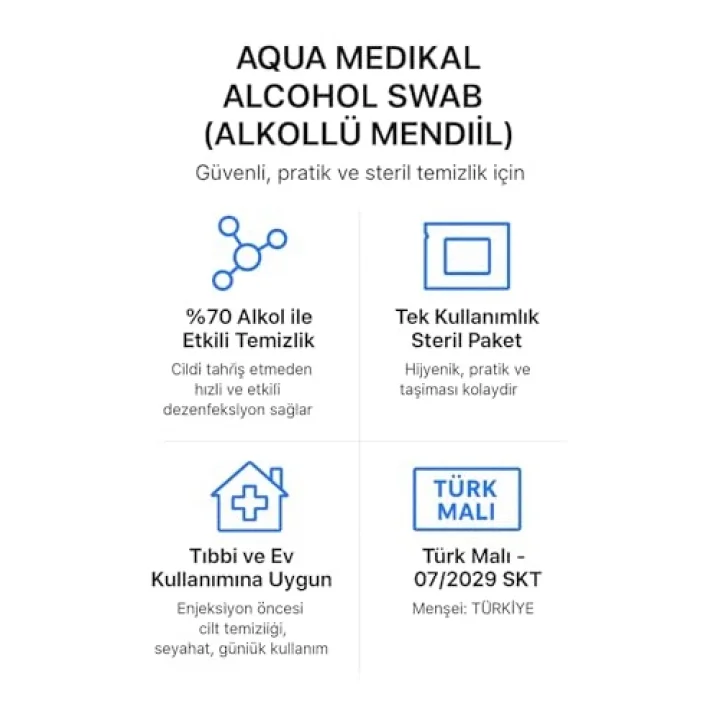 AQUA Alkollü Islak Mendil 100 Adet Paket Steril Temizlik Mendili, Alkollu Swap