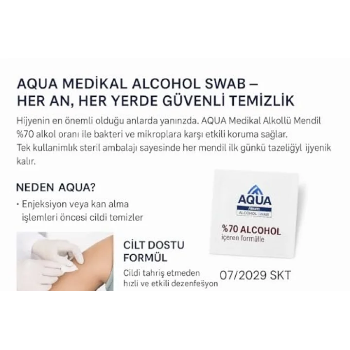 AQUA Alkollü Islak Mendil 100 Adet Paket Steril Temizlik Mendili, Alkollu Swap