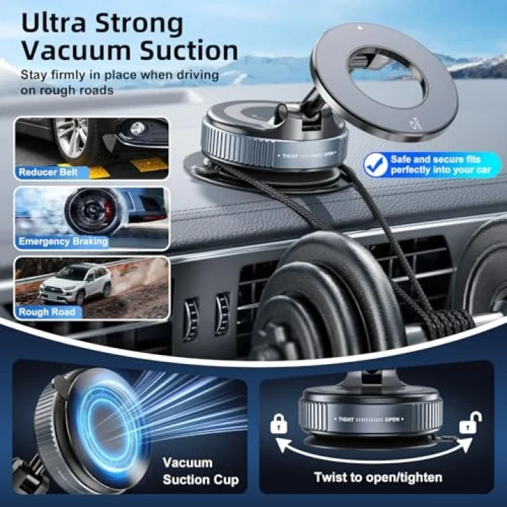 Araba için 360° Ayarlanabilir Vakumlu Manyetik Telefon Tutucu, Katlanabilir, Mag-Safe Uyumlu, iPhone 12-16, Samsung, Pixel, OnePlus, Motorola, Nokia, LG, Sony, HTC vb.