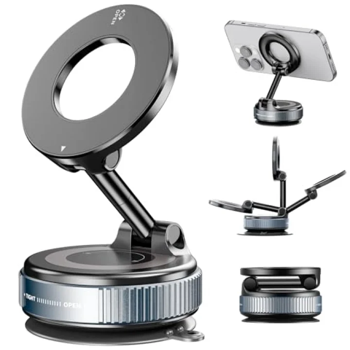 Araba için 360° Ayarlanabilir Vakumlu Manyetik Telefon Tutucu, Katlanabilir, Mag-Safe Uyumlu, iPhone 12-16, Samsung, Pixel, OnePlus, Motorola, Nokia, LG, Sony, HTC vb.
