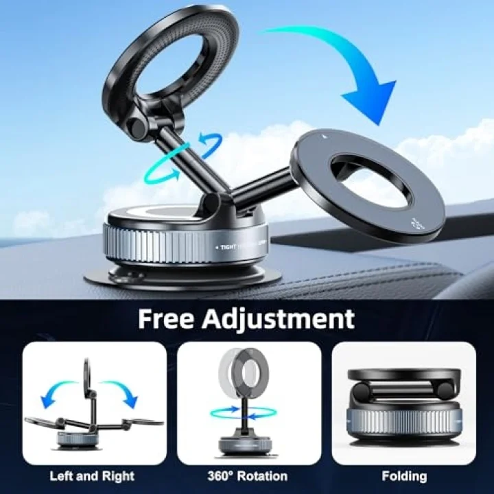 Araba için 360° Ayarlanabilir Vakumlu Manyetik Telefon Tutucu, Katlanabilir, Mag-Safe Uyumlu, iPhone 12-16, Samsung, Pixel, OnePlus, Motorola, Nokia, LG, Sony, HTC vb.