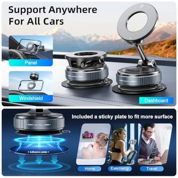 Araba için 360° Ayarlanabilir Vakumlu Manyetik Telefon Tutucu, Katlanabilir, Mag-Safe Uyumlu, iPhone 12-16, Samsung, Pixel, OnePlus, Motorola, Nokia, LG, Sony, HTC vb.