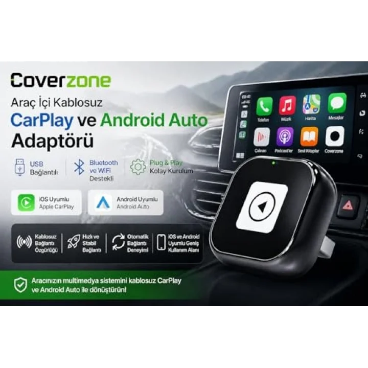 Araç İçi Kablosuz CarPlay ve Android Auto Adaptörü USB Bağlantılı Bluetooth ve WiFi Destekli Plug & Play Kolay Kurulum iOS ve Android Uyumlu Araç Multimedya Dönüştürücü | ZR1259