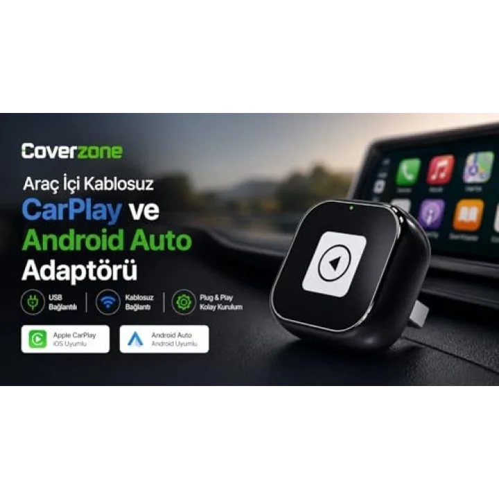 Araç İçi Kablosuz CarPlay ve Android Auto Adaptörü USB Bağlantılı Bluetooth ve WiFi Destekli Plug & Play Kolay Kurulum iOS ve Android Uyumlu Araç Multimedya Dönüştürücü | ZR1259