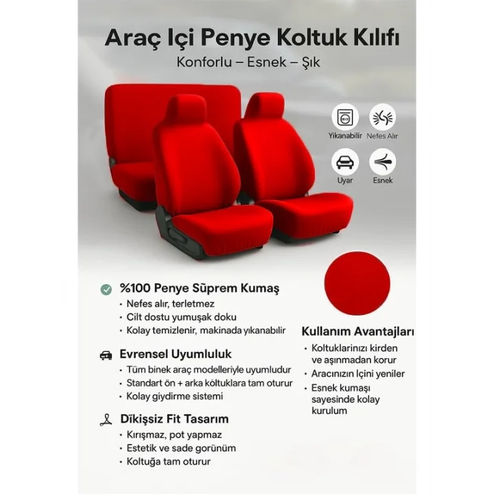 Arac içinde estetik ve rahatlik arayanlara Universal ile uyumlu oto koltuk kılıfı Kırmızı