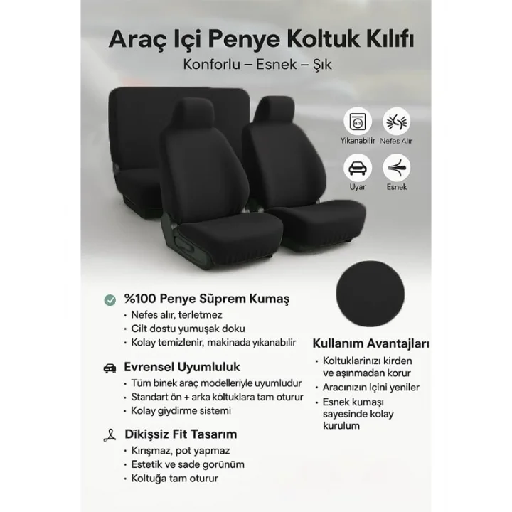 Arac içinde estetik ve rahatlik arayanlara Universal ile uyumlu oto koltuk kılıfı Siyah