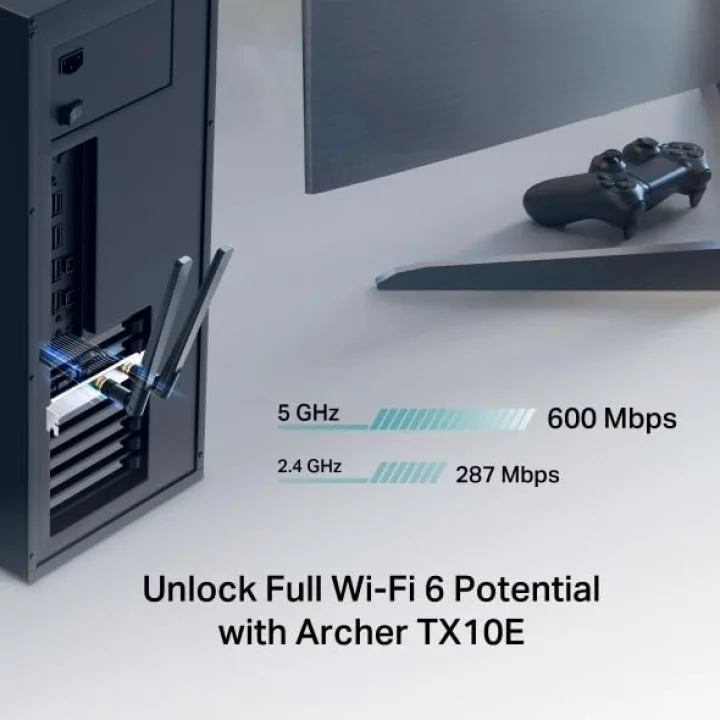 Archer TX10E | AX900 Wi-Fi 6 Bluetooth 5.3 PCIe Adaptör | 887 Mbps Çift Bant Hız | MU-MIMO & OFDMA | Çift Harici Anten | WPA3 Güvenlik | Masaüstü PC Dahili Ağ Kartı