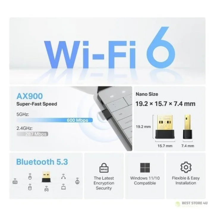 Archer TX10UB Nano | Wi-Fi 6 & Bluetooth 5.3 USB Adaptör | AX900 Mbps | Çift Bant | İkisi Bir Arada | Kolay Kurulum | Windows Uyumlu
