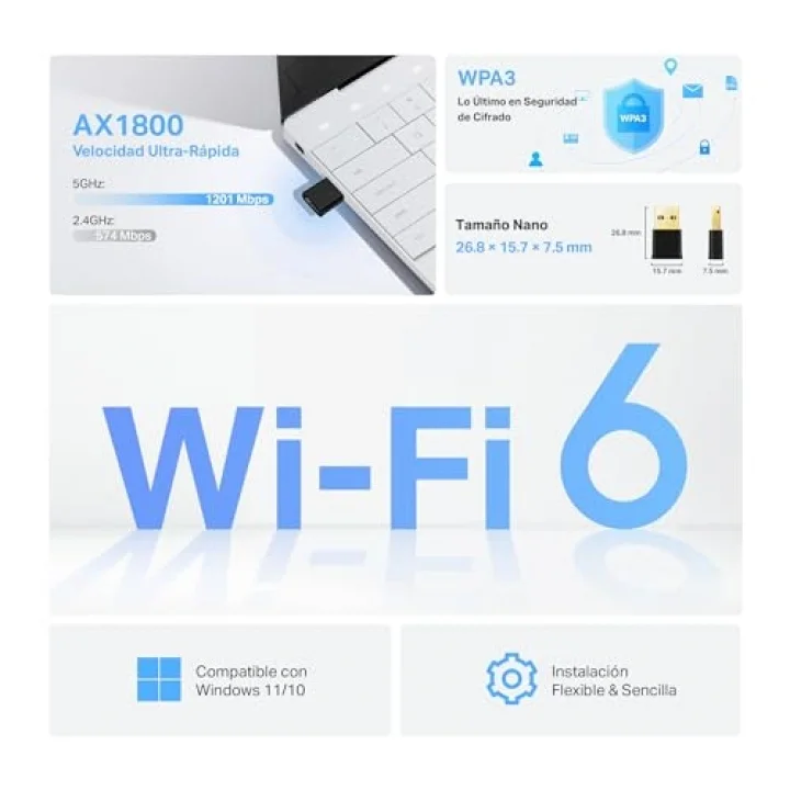 Archer TX20U Nano, AX1800 Mbps, Çift Bant, MU-MIMO, USB 2.0, WPA3, Windows 10/11 Uyumlu, Wi-Fi 6 Nano USB Adaptör