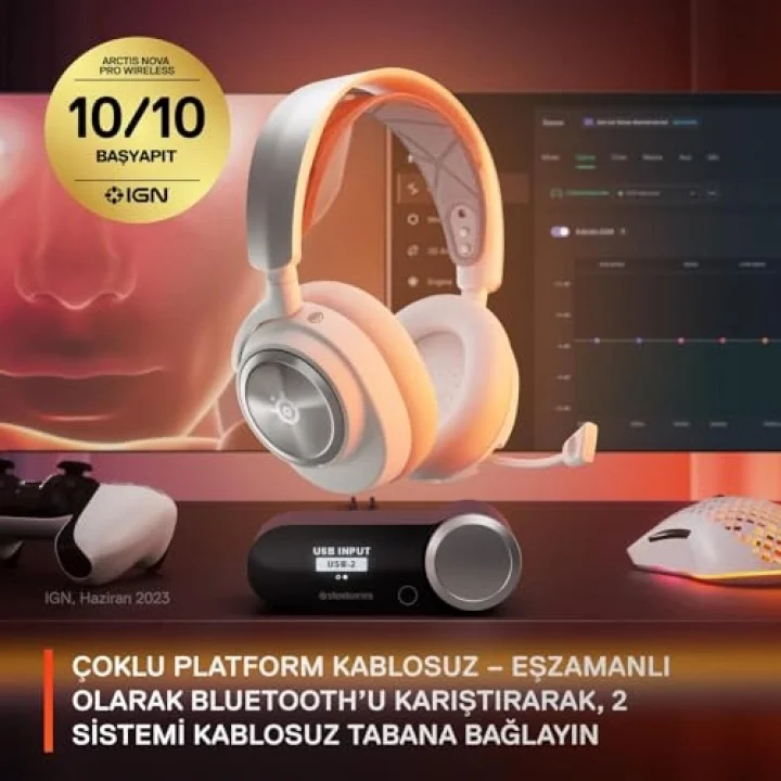 Arctis Nova Pro Wireless Multi-Platform Gaming Kulaklık, Birinci Sınıf Hi-Fi Ses Sürücüleri, Aktif Gürültü Giderme, Clearcast Gen2 Mikrofon, PC, PS5, PS4, Switch, Mobil, Kablosuz