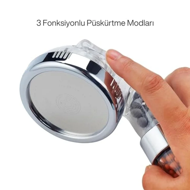 Arıtmalı Tasarruflu Duş Başlığı - 3 Ayarlı Krom & Şeffaf,%200 Artan Basınç,%35 Tasarruf, Kireç & Klor Azaltıcı