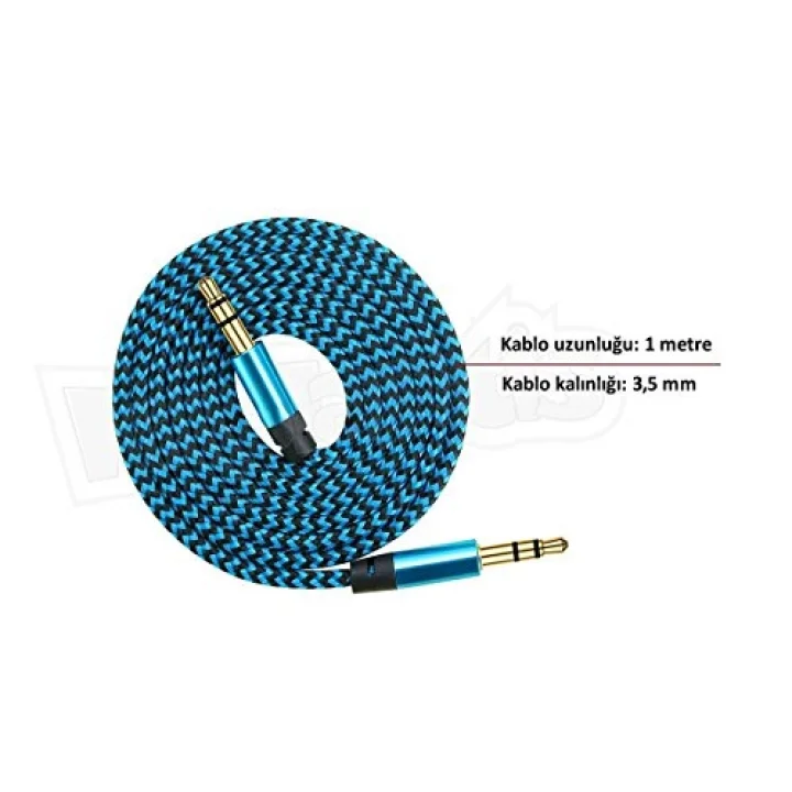 AUX Stereo 3.5mm Data Ses Örgü Kablo Mavi