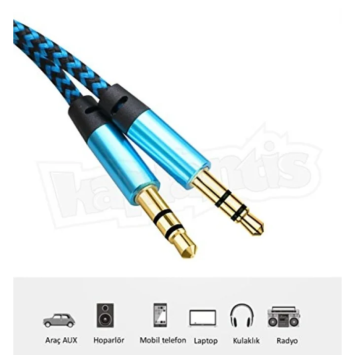 AUX Stereo 3.5mm Data Ses Örgü Kablo Mavi