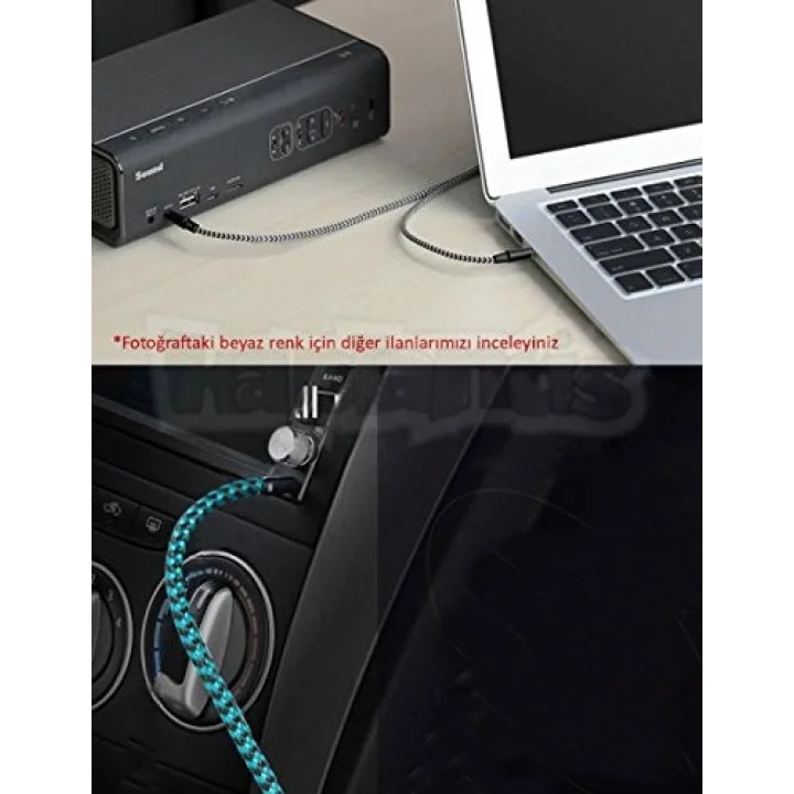 AUX Stereo 3.5mm Data Ses Örgü Kablo Mavi