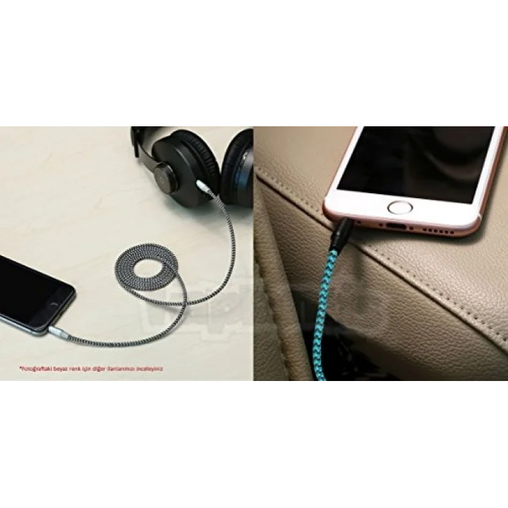 AUX Stereo 3.5mm Data Ses Örgü Kablo Mavi