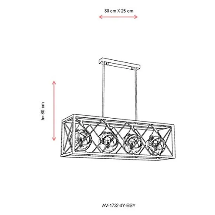 AV-60127-4Y-BSY Siyah Boyalı Modern Avize, E27, Metal, Cam, 80x22cm