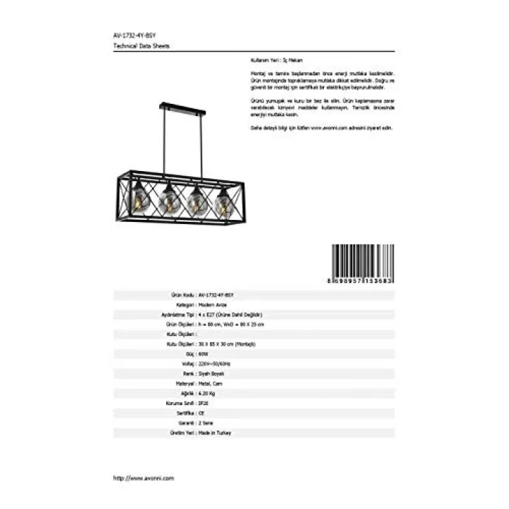 AV-60127-4Y-BSY Siyah Boyalı Modern Avize, E27, Metal, Cam, 80x22cm