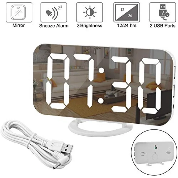 Aynalı LED Dijital Saat 2 USB Hızlı Şarj Alarmlı Masa Saati
