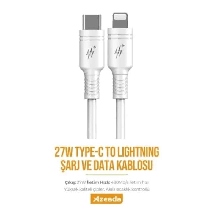 Azeada 27W Type-C to Lighting ile Uyumlu Şarj ve Data Kablosu 1m Beyaz PD-B82İB (Beyaz, Type-C to Lighting)