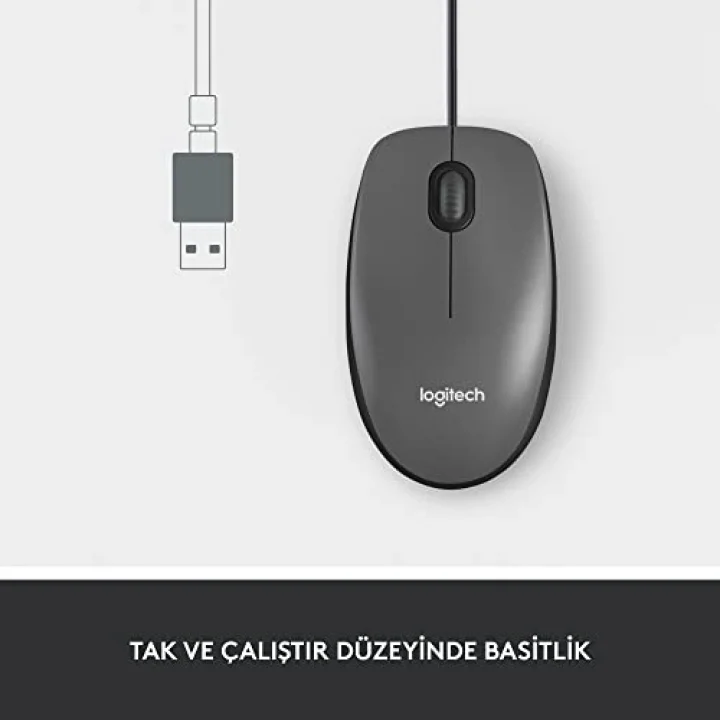 B100 Optik USB Kablolu Mouse, Sağ ve Sol Elle Kullanıma Uygun, Windows, Linux ve Mac ile Uyumlu, Siyah