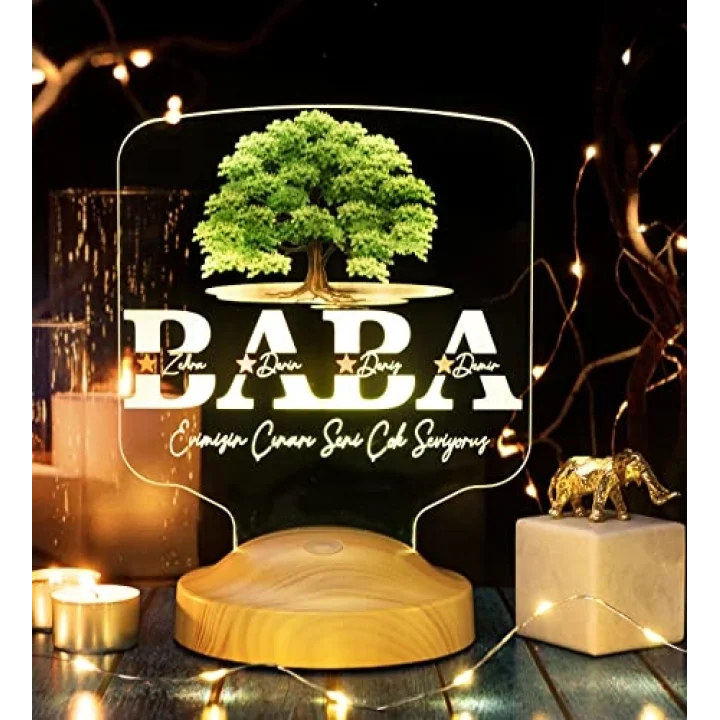 Babalar Günü Hediyesi, Babaya Hediye, Baba, Evimizin Çınarı Hediyesi, Renkli İsim Yazılı Kişiye Özel 3D Led Lamba