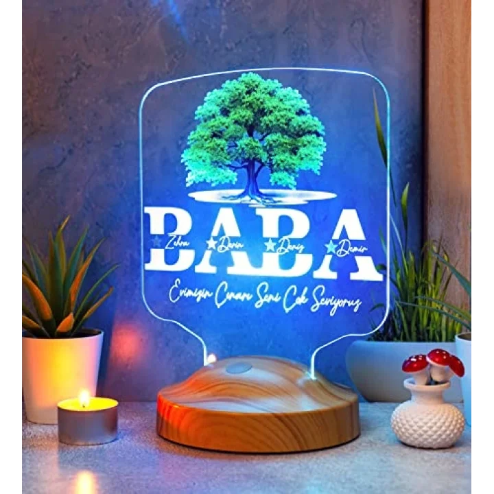Babalar Günü Hediyesi, Babaya Hediye, Baba, Evimizin Çınarı Hediyesi, Renkli İsim Yazılı Kişiye Özel 3D Led Lamba