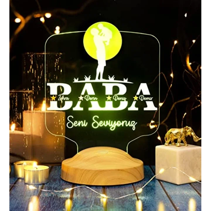 Babalar Günü Hediyesi, Babaya Hediye, Kişiye Özel Baba Çocuk Figürlü İsim Yazılı Led Lamba