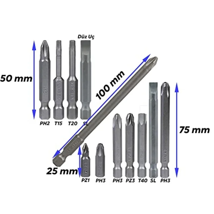 Badem10 Klytek Matkap Bits Uç Vidalama Ucu Düz Yıldız Torx Uç (12 PARÇA)