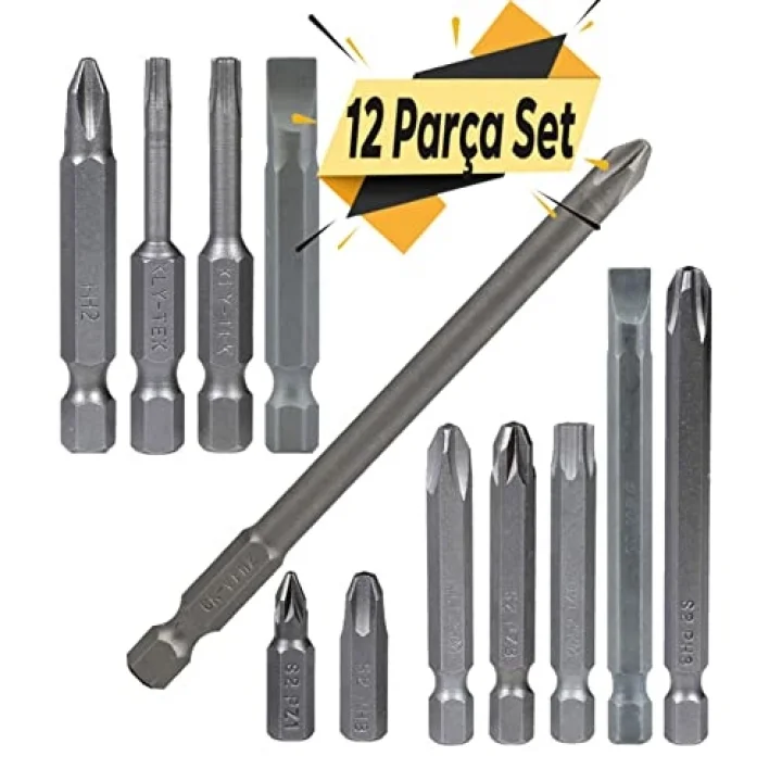 Badem10 Klytek Matkap Bits Uç Vidalama Ucu Düz Yıldız Torx Uç (12 PARÇA)