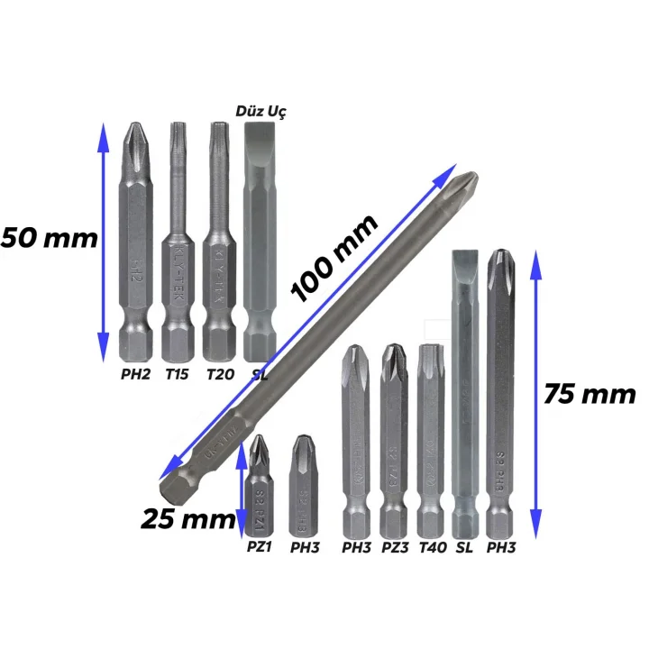 Badem10 Klytek Matkap Bits Uç Vidalama Ucu Düz Yıldız Torx Uç (12 PARÇA)
