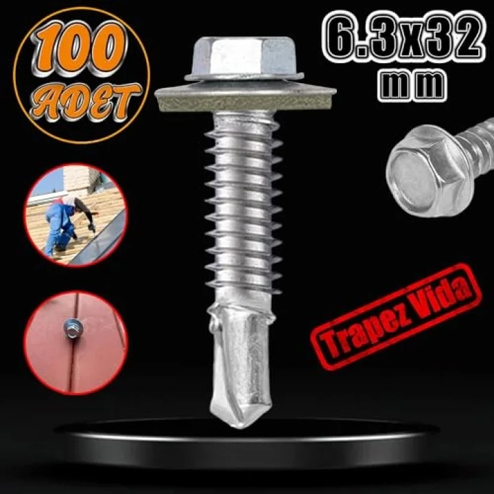 Badem10 Trapez Çatı Vidası 6.3x32 mm Paket 100 ADET Matkap Uçlu Sac Akıllı Vida Çatı Panel Metal Ağaç Vidası