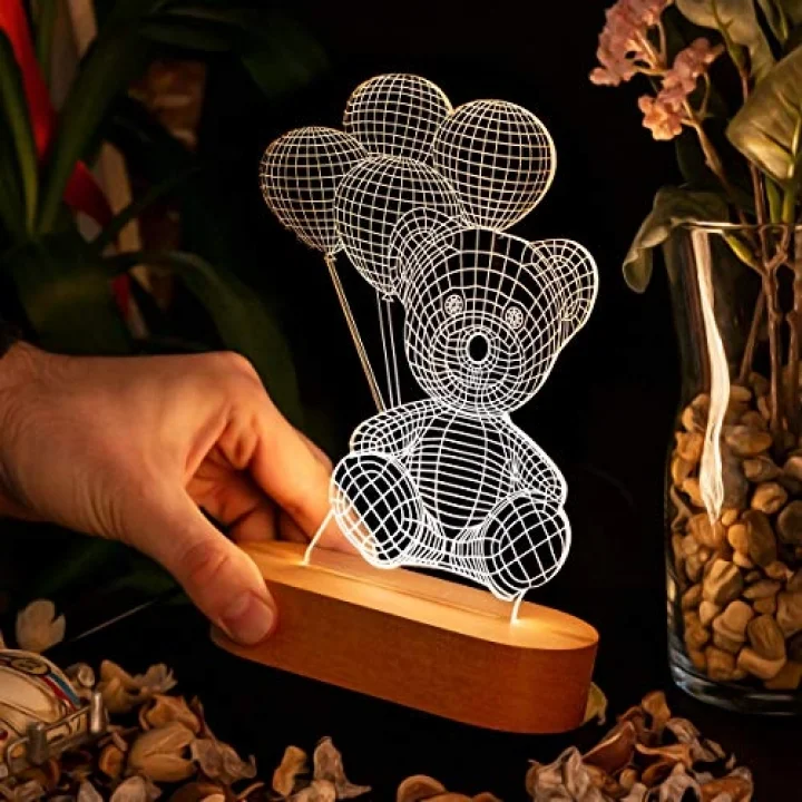 Balon Tutan Sevimli Ayıcık 3 Boyutlu Led Lamba Usb Bağlantılı Sarı Işık