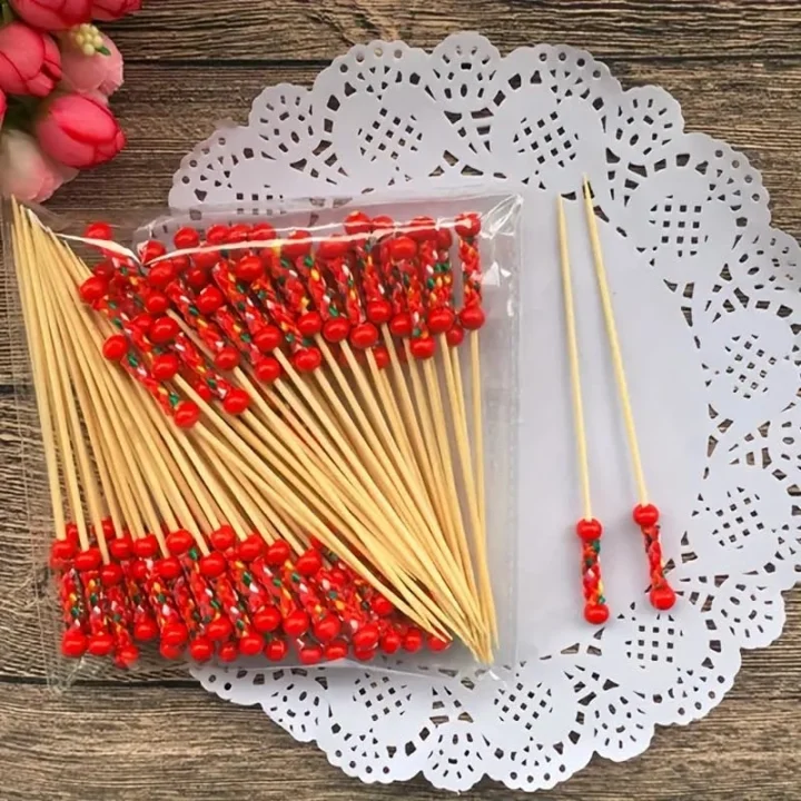 Bambu Kırmızı Örgülü Kürdan 12Cm (100lü), Sunum Kürdanı (Sarı)