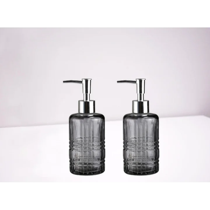 BANYO SETİ CAM SIVI SABUNLUK 2 ADET,KRİSTAL DESENLİ GRİ 300ML 6,8X17,6CM
