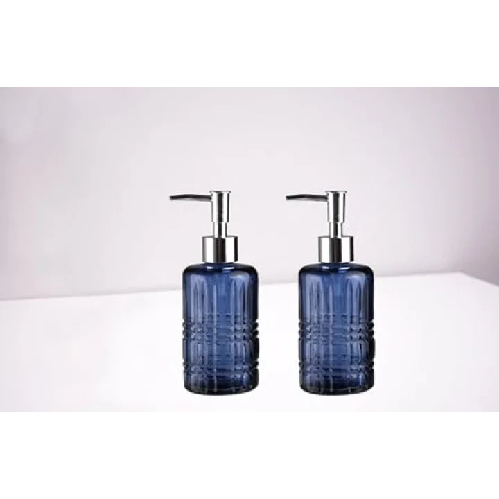 BANYO SETİ CAM SIVI SABUNLUK 2 ADET,KRİSTAL DESENLİ MAVİ 300ML 6,8X17,6CM