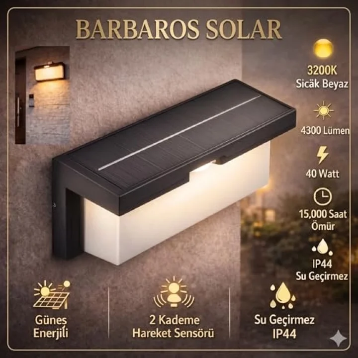 Barbaros Solar 2 Kademe Hareket Sensörlü Cata Dış Mekan LED Aplik - 40W Güçlü 4300 Lümen 3200K Gün Işığı - IP44 Su Geçirmez Kablosuz Bahçe, Teras ve Duvar Aydınlatması (Güneş Enerjili)