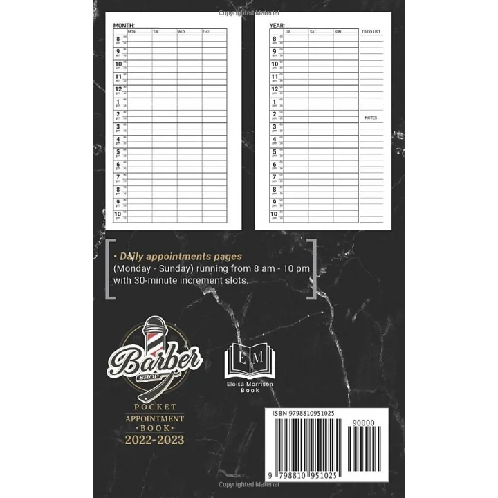Barbershop Pocket Appointment Book 2022-2023: Weekly, and Daily Planner/Daily appointments from 8 a.m. to 10 p.m. with 30 minutes slots for Barber, Pocket Size