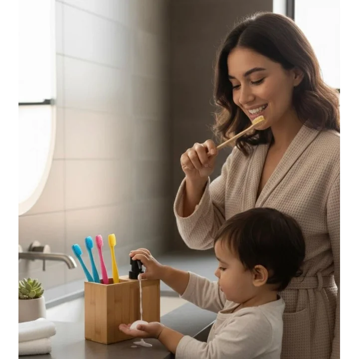 Barotti Bambu 2li Banyo Seti, Mat Siyah Detaylı Sıvı Sabunluk ve Diş Fırçalık, Modern Tasarım, Doğal Bambu Malzeme, Tezgah Üstü Banyo Aksesuarları