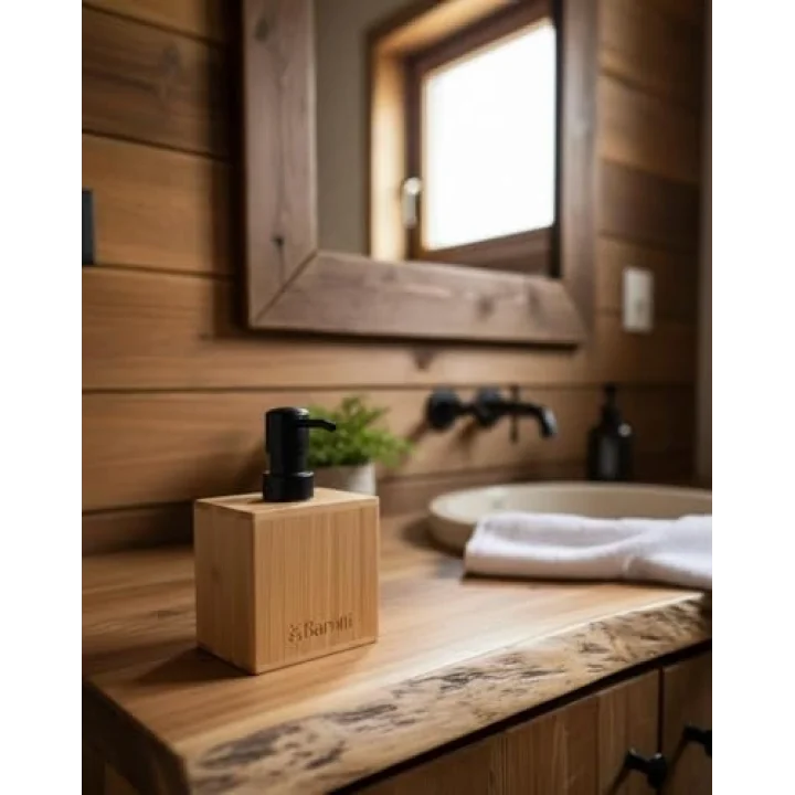 Barotti Modern Doğal Bambu Kare Sıvı Sabunluk, Lüks Tasarım Banyo ve Mutfak Sabun Dağıtıcı, Dayanıklı Kübik Tasarım, Siyah Pompalı