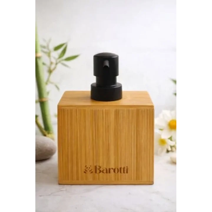 Barotti Modern Doğal Bambu Kare Sıvı Sabunluk, Lüks Tasarım Banyo ve Mutfak Sabun Dağıtıcı, Dayanıklı Kübik Tasarım, Siyah Pompalı