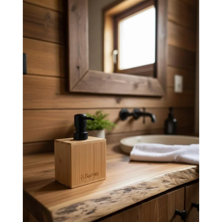 Barotti Modern Doğal Bambu Kare Sıvı Sabunluk, Lüks Tasarım Banyo ve Mutfak Sabun Dağıtıcı, Dayanıklı Kübik Tasarım, Siyah Pompalı